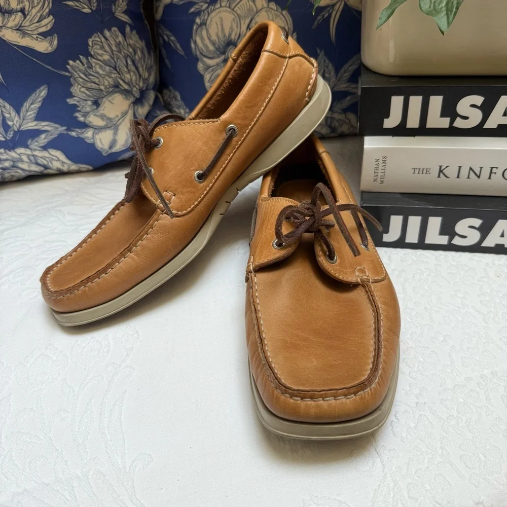 Tommy Bahama Tan and Brown Boat Shoes with Moccasin Construction